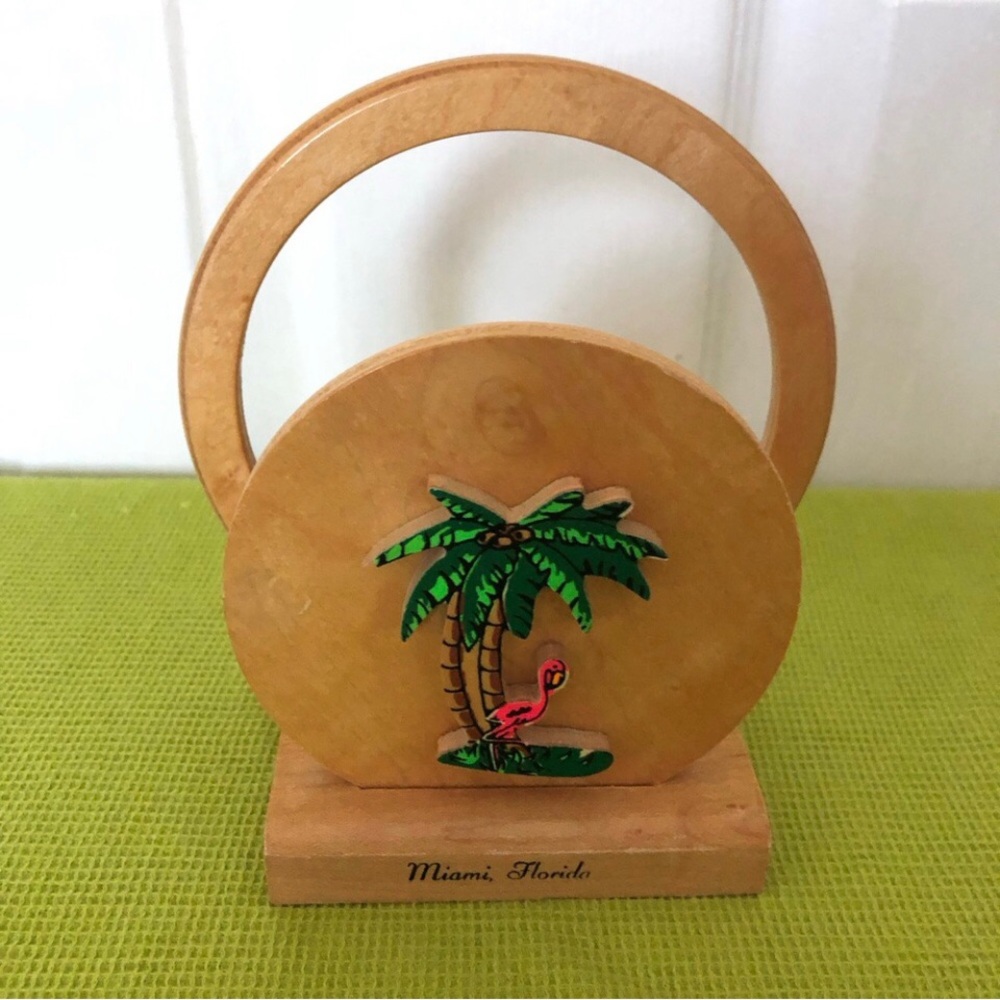 Napkin holder Miami flamingo wood round circles tan palm FL souvenir vintage 60s